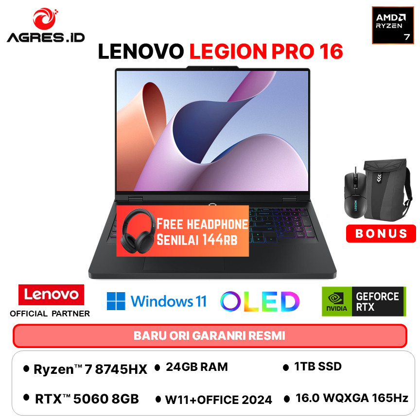 LENOVO LEGION PRO 5 16 OLED RYZEN 7 8745HX RTX5060 8GB - RAM 24GB 1TB W11+OHS 16.0WQXGA 165HZ  -15ID