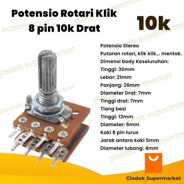 Potensio Rotari Klik 8 pin 10k Drat Stereo Kaki 4-4 Lurus 103