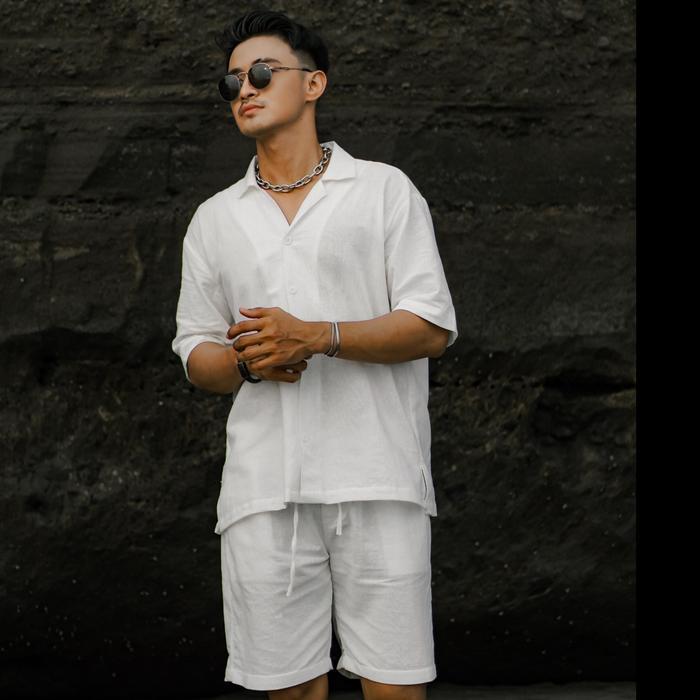 SATU SET CELANA PENDEK & BAJU KEMEJA LINEN OVERSIZED - SAKALA SERIES - Putih, S