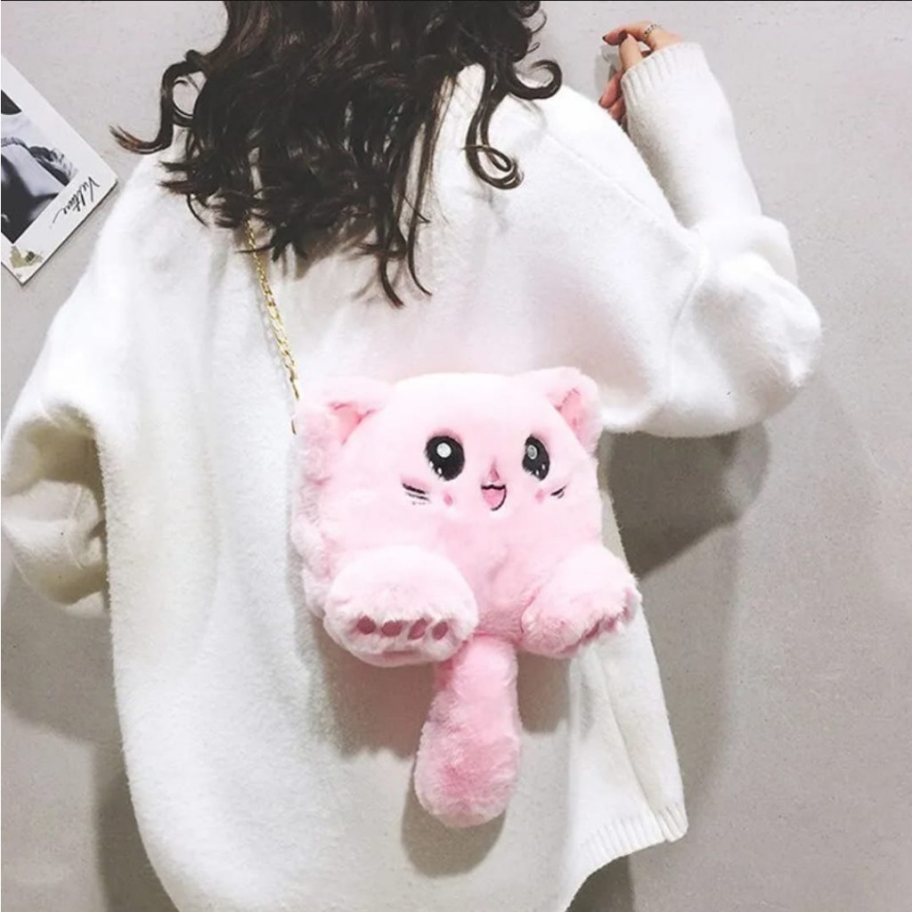 GHENTYA Tas selempang boneka karakter kucing berbulu lembut hadiah mewah untuk anak tersayang