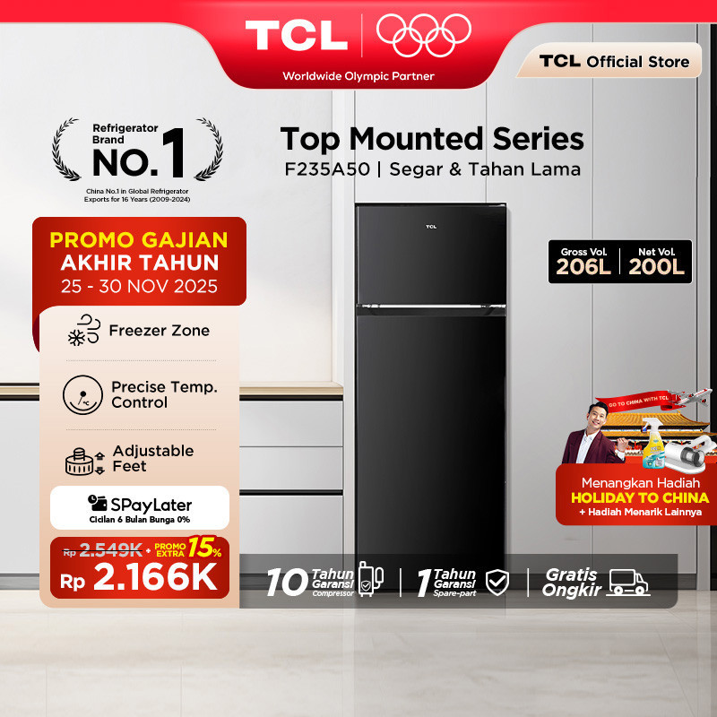 [BIGGER CAPACITY] ] TCL Kulkas 2 Pintu (Refrigerator) - Kapasitas 206L - Electronic Control - Adjust
