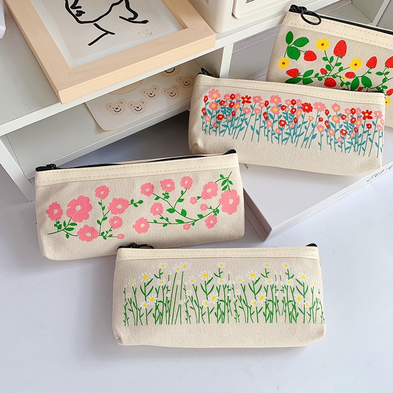 1 Pcs Kawaii Pencil Case Daisy Flowers Canvas Pencil Box Pencilcase Pencil Bag School Supplies Stati