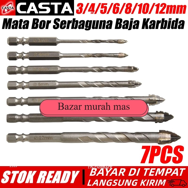 CASTA Set 7PCS Mata Bor Baja Tungsten 3-12mm Super Keras untuk Bor Kaca, Keramik, Beton