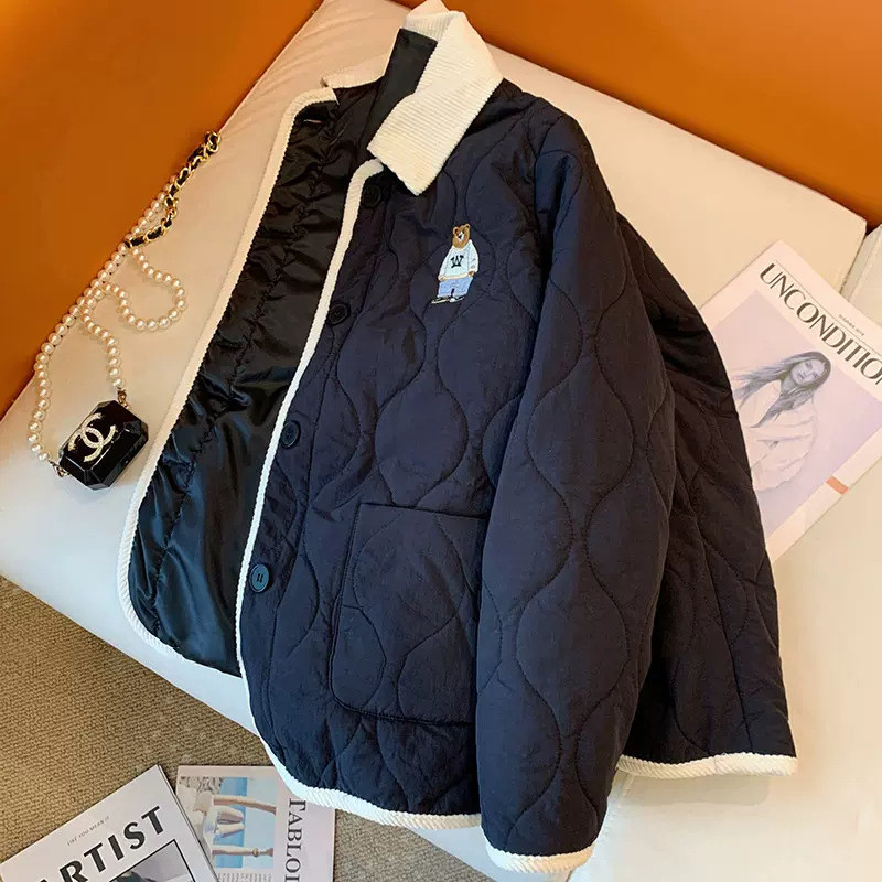 Jaket Katun Kerah Berwarna Blok Bordir Beruang Retro Amerika