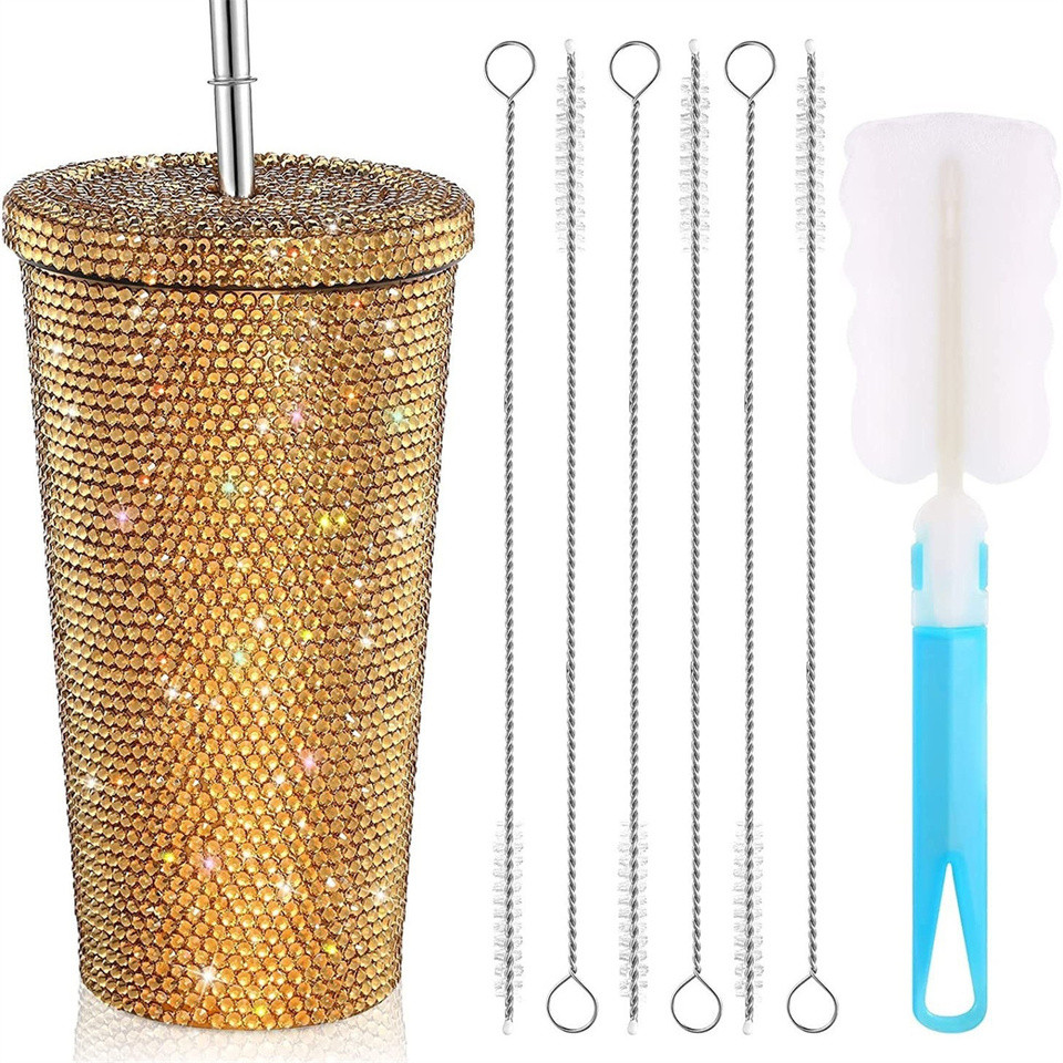 Diamond-studded thermos cup, double-layer stainless steel straw cup, diamond-studded rhinestone coff