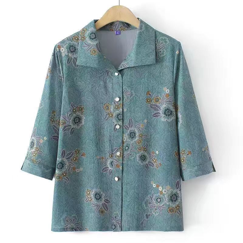Baju Lansia Wanita Musim Panas - Atasan Kemeja Lengan 3/4 Katun Warna Cerah Setelan Nenek Ibu Tua