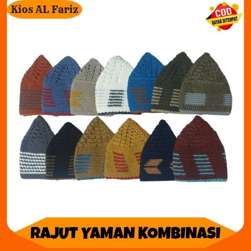 Peci Rajut Yaman Hadramaut Kombinasi - Kopiah Tebal Motif Etnik