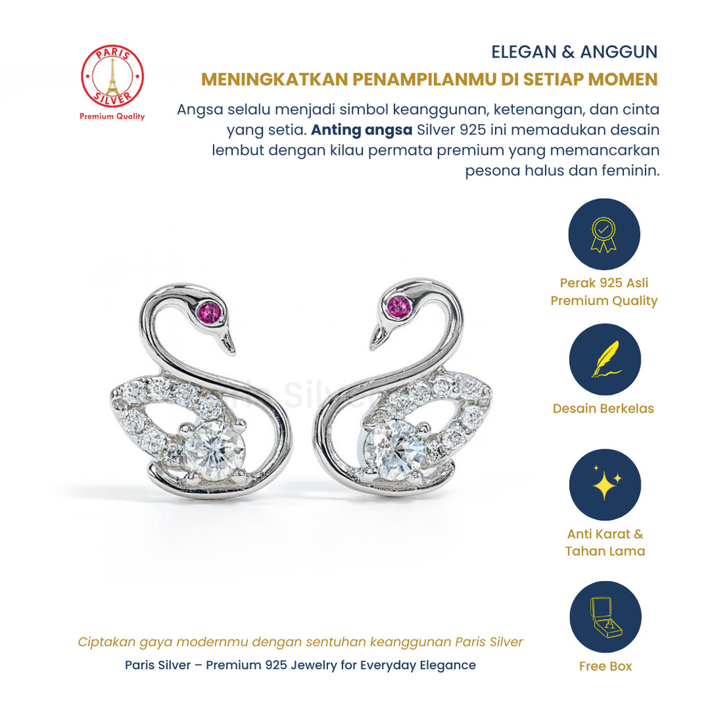 Anting Perak Asli 925 Silver Lapis Emas Putih Model Angsa Swan Anti Karat