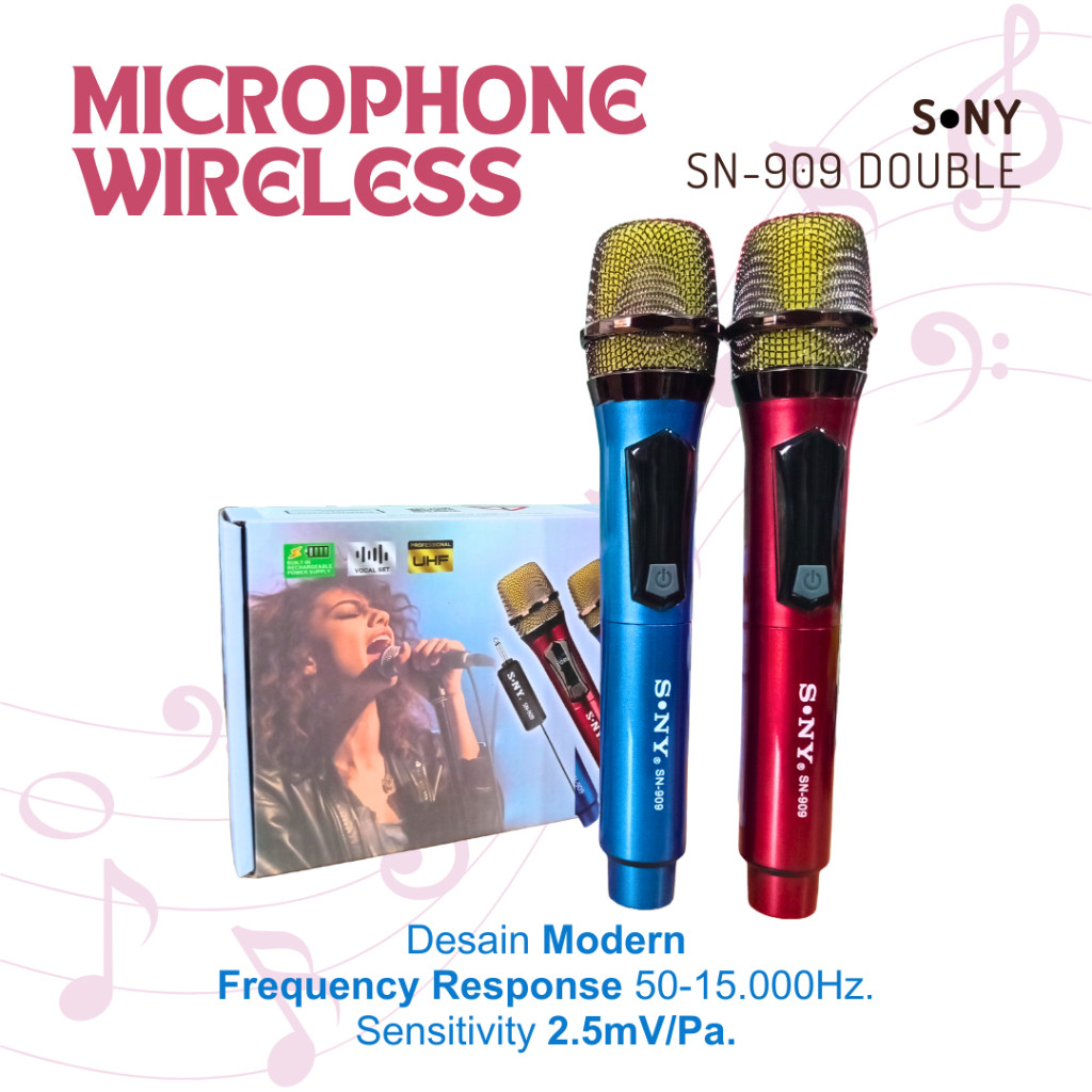 MICROPHONE WIRELESS SONY SN-909 DOUBLE MIC KARAOKE TANPA KABEL MIKROFON DUAL WIRELESS MICROPHONE