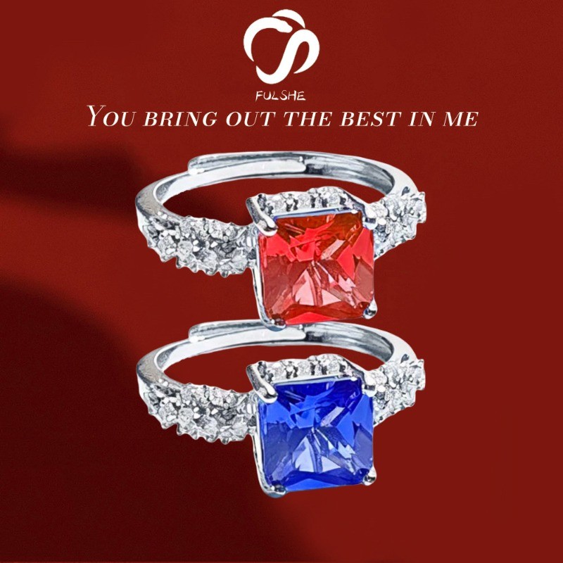 FULSHE Cincin Zirconia Biru Asli Mewah Wanita Berlian Merah Persegi 2 Karat