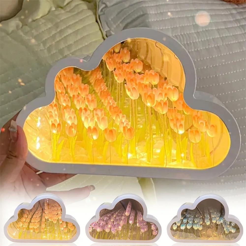 Y Cloud Mirror Tulip Lamp Night Light Girl Bedroom Ornaments Photo Frame Handmade Glass Bedside Slee