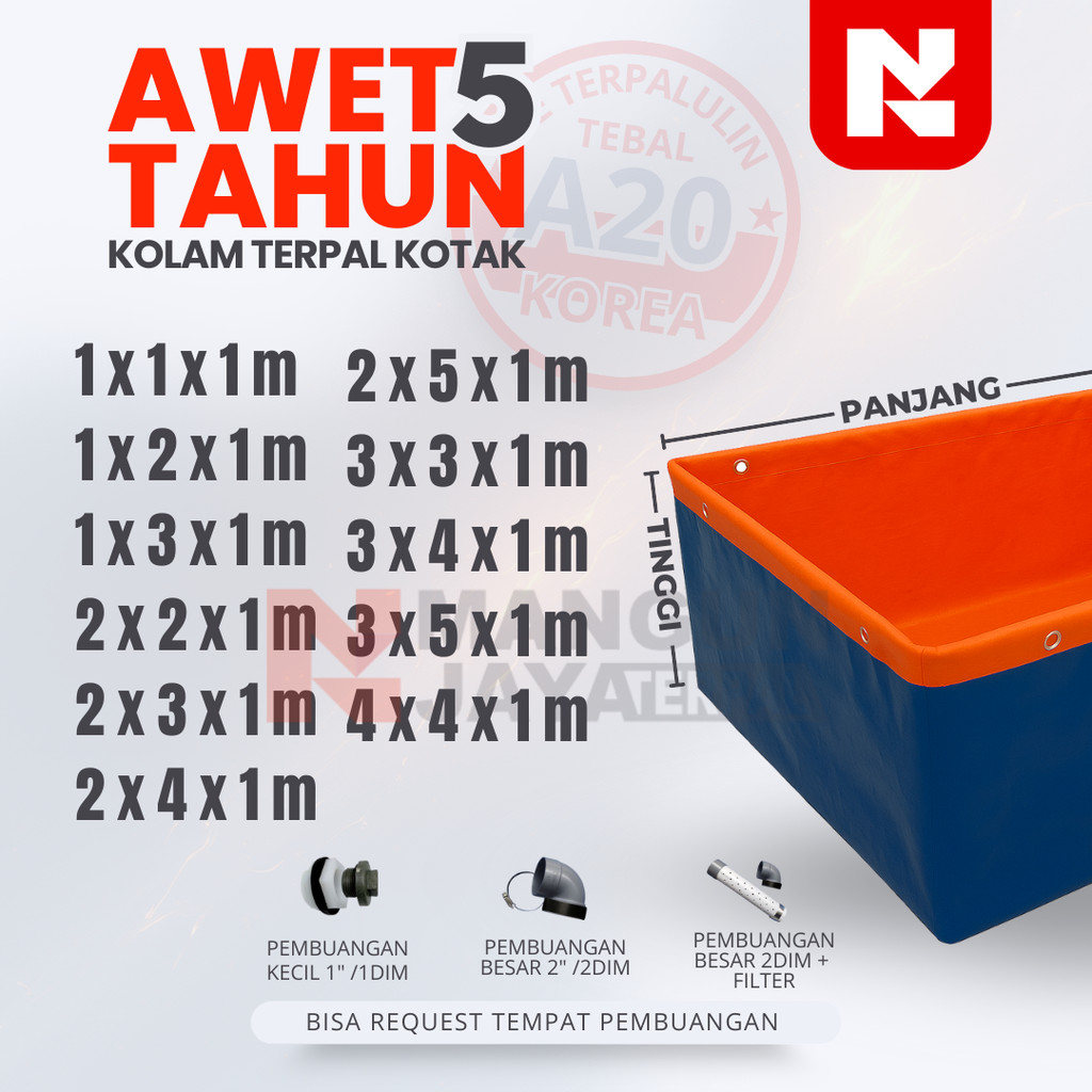 Kolam Terpal Ikan Kotak Tinggi 1 m Ukuran Lengkap Terpal A20 korea  untuk Budidaya Ikan