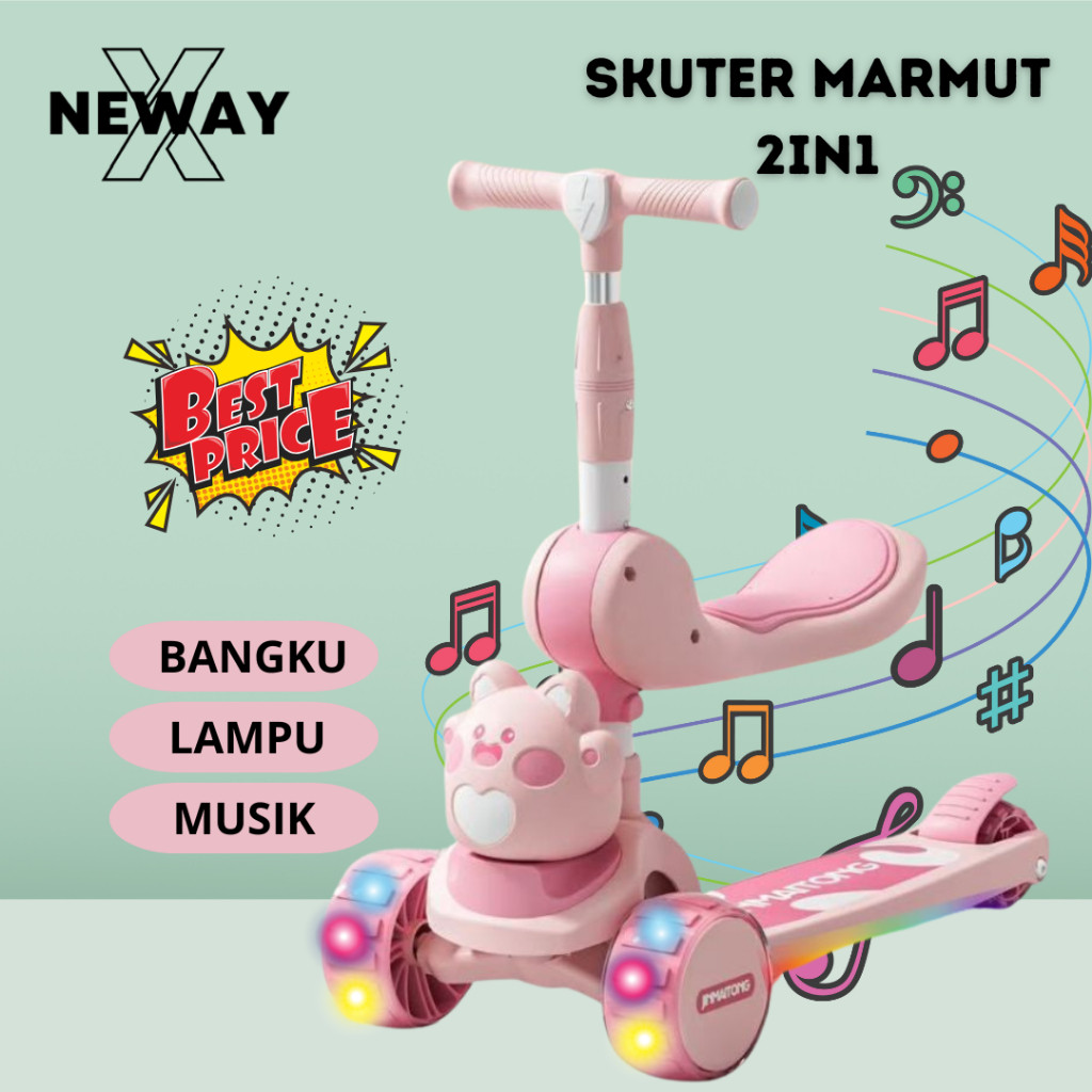 SJT - Skuter Mainan Anak Marmut Love 2 in 1 Scooter Lipat 2in1 Duduk Roda Tiga Lampu Musik