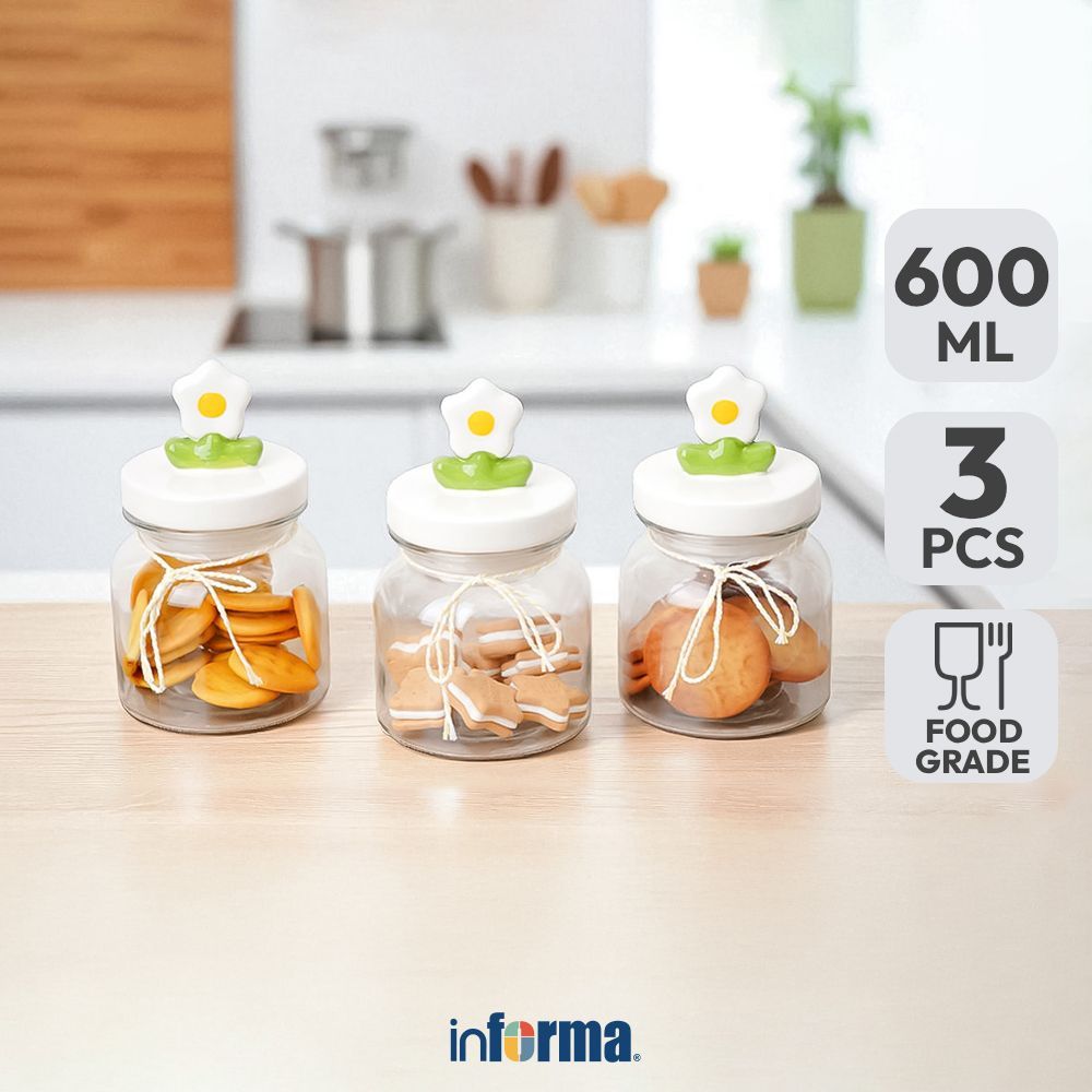 Informa 600 ml Set Daisy Stoples Kaca 3 Pcs Transparan Jar Tempat Simpan Snack Dan Permen Setoples T