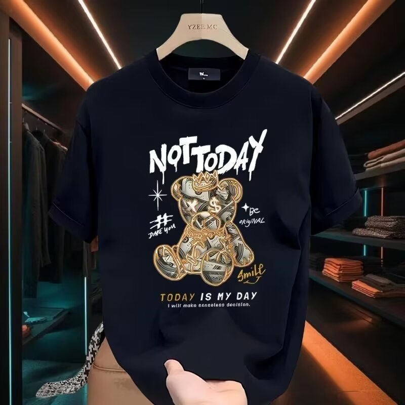 Kaos Lengan Pendek Unisex Cetakan Beruang Mahkota Dolar Amerika Katun Murni Atasan Longgar