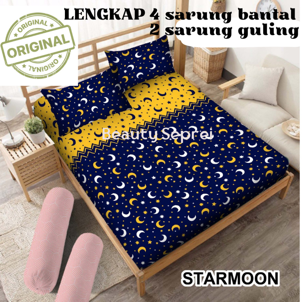 [ Promo ]  ||  Seprei set BANTAL 4 GULING 2 ukuran 180x200 / 160x200 motif bulan bintang, bahan katu
