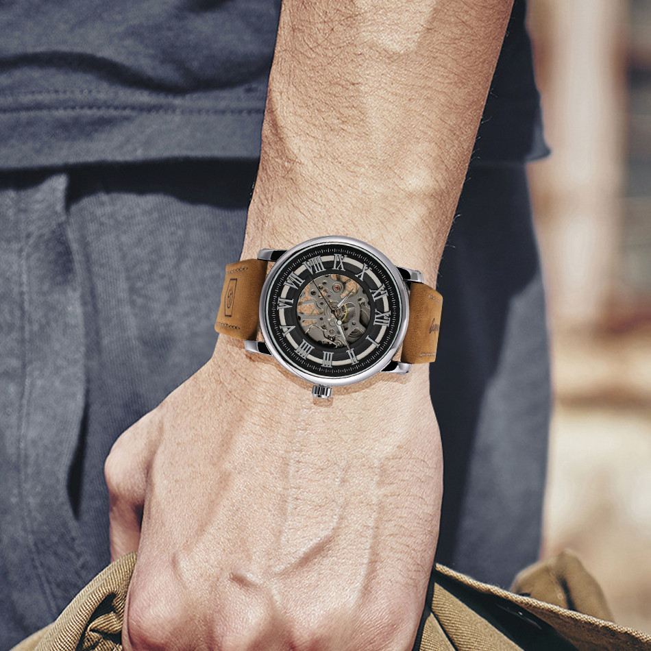 FORSINING Original Steel Skeleton Mechanical Man Watch Manual Movement Clock Waterproof Leather Luxu