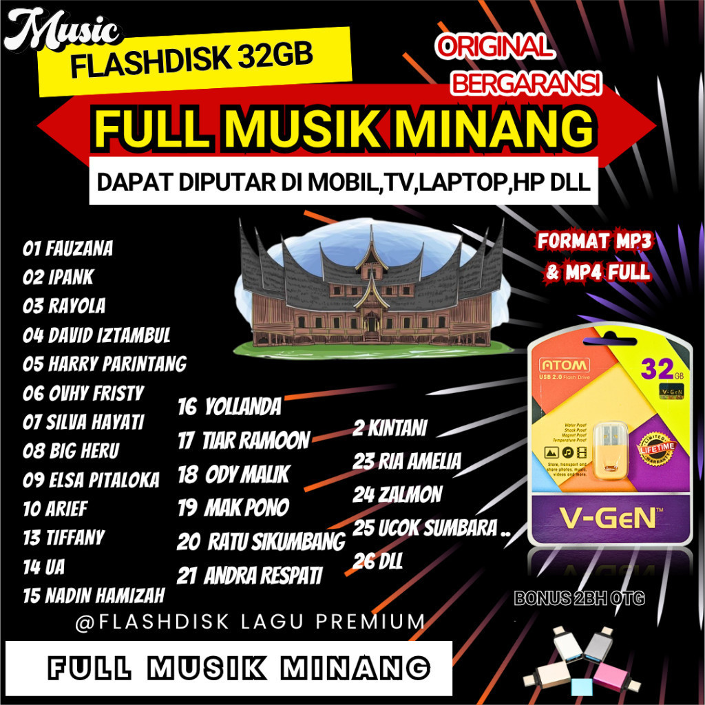 Flashdisk 32GB Full Album Lagu Minang MP3 MP4 LENGKAP Nonstop, Cocok untuk TV, Mobil, Speaker, Audio