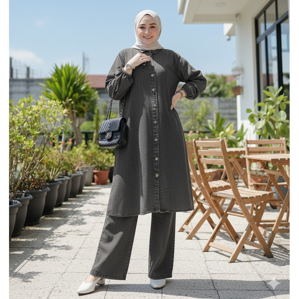 Jammie Set Jeans Wash Premium High Quality/One Set Long Jeans Jumbo Baju Setelan Wanita