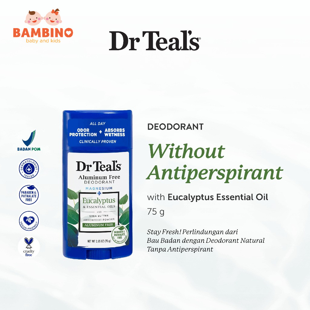 Dr Teal's Deodorant Magnesium/Deodoran Tanpa Antiperspirant - Eucalyptus & Spearmint Essential Oil &