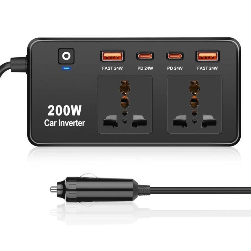 Inverter Konverter Mobil Arus DC ke AC 12V 220V Dengan 4 Port USB Tipe A Tipe C PD 24W Fast Charging