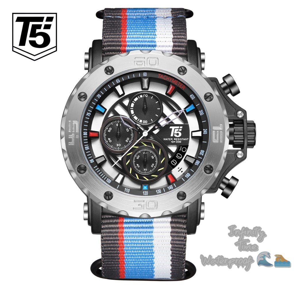 Infinitytime Jam Tangan Cowok T5 H3946G H3946 3946 Chrono dan Tanggal Aktif Strap Nylon Kualitas Ori