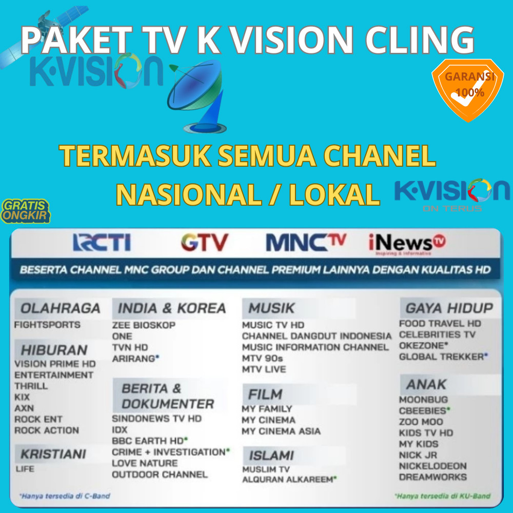 PAKET TV K VISION CLING LENGKAP CHANEL MNC DAN ANAK ANAK SEMUA TIPE PARABOLA KVISION