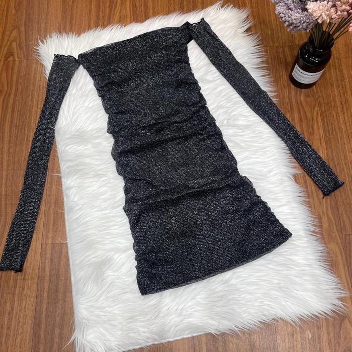 DRESS MINI PENDEK SABRINA GLITTER IMPORT BANGKOK / DGL 114 casual wanita Jalan - Hitam