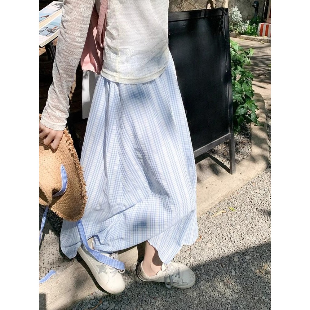 MYCASSI Rok Wanita Kotak Kotak Highwaist Patchwork Slim Panjang Midi Skirt Bawahan Wanita