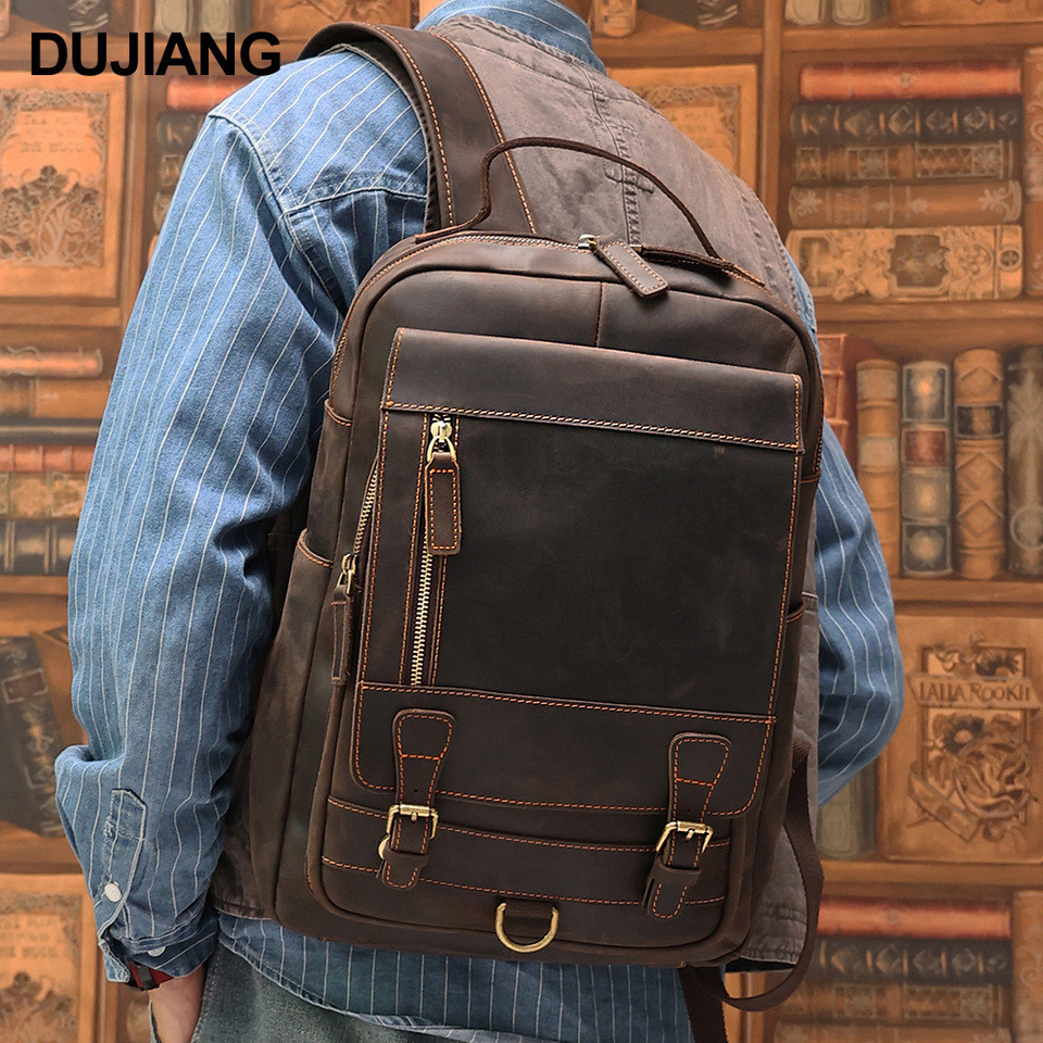 Crazy Horse Leather Men's Backpack Premium Men's Casual Backpack Large Capacity Commuting Travel Bac