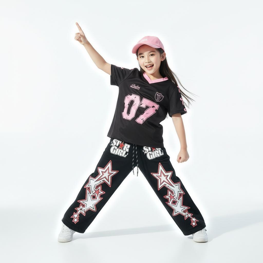 Setelan Anak Streetwear "Star Girl" Trendi Kaos Jersey V-neck Sporty + Celana Bintang Panjang Skenaa