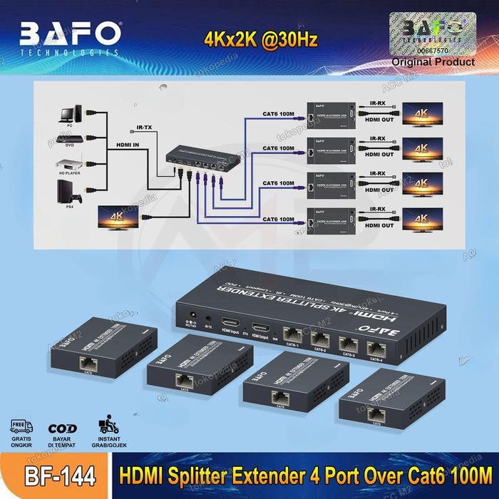 BAFO HDMI 4K Splitter Extender 4 Port Over LAN Cat6 100 Meter M with IR+Loopout (4Kx2K@30Hz) BAFO BF