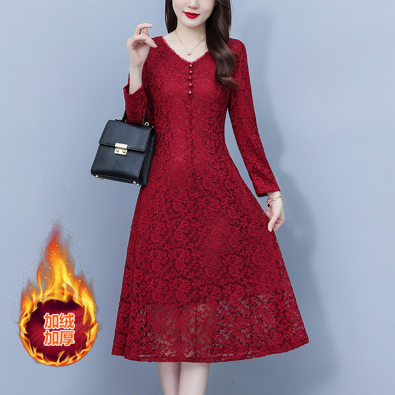 202511v Gaun elegan modis renda merah anggur musim gugur dan musim dingin baru