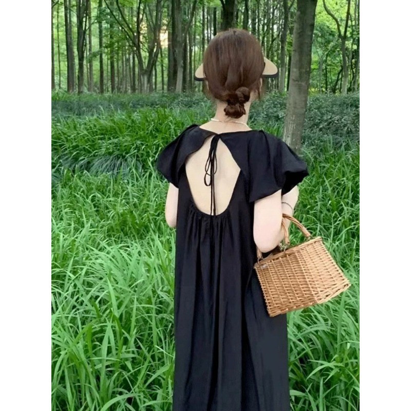 [Dress Oversize] (40-150kg) Gaun Midi Tanpa Punggung Lengan Pendek Polos Gaya Korea Fashion Ukuran P