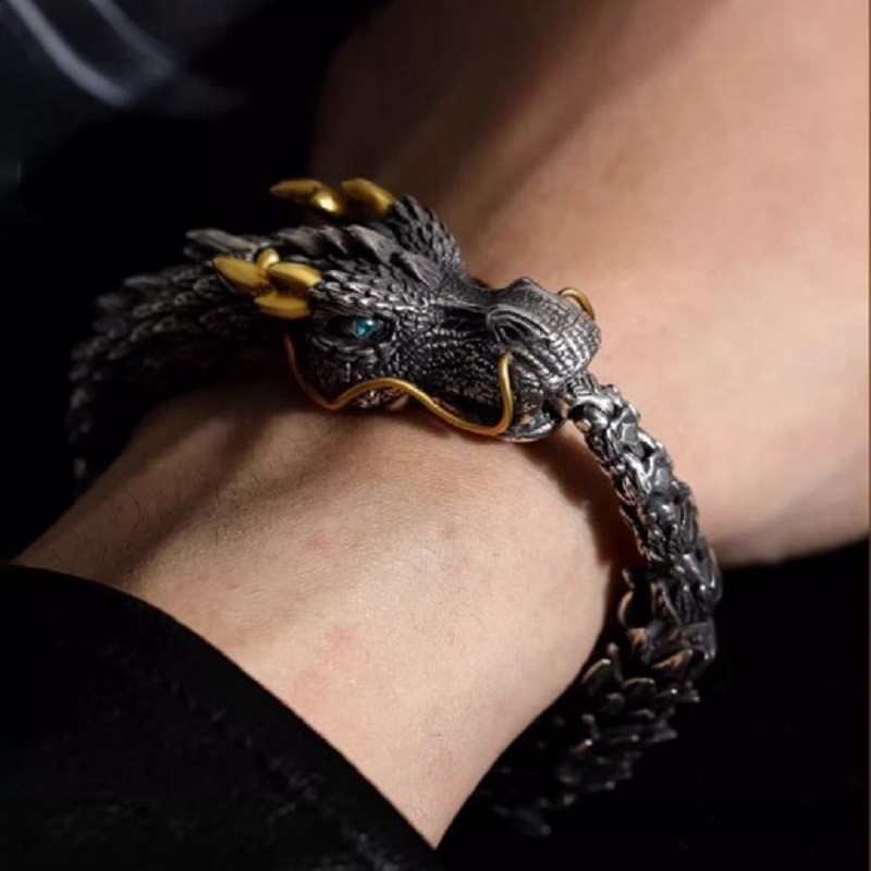 [Saror]Gelang Naga Vintage Buatan Tangan untuk Pria Gelang Perak Vintage