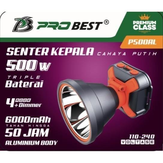 SENTER KEPALA / HEADLAMP PREMIUM PROBEST 500 WATT CAHAYA PUTIH TAHAN 50 JAM