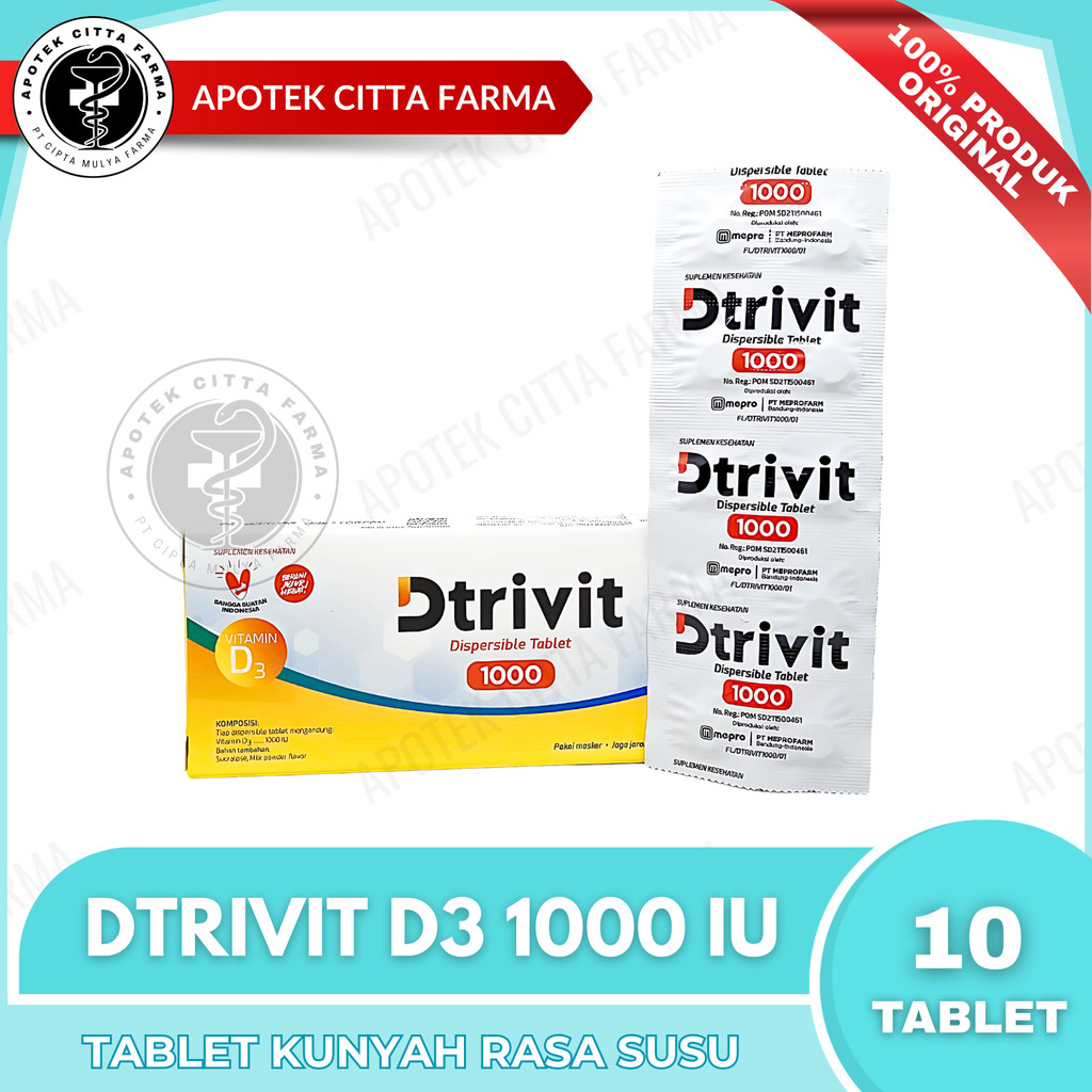 Dtrivit D3 1000 IU Per 1 Strip @ 10 Dispersible Tablet - Vitamin D 3 Rasa Susu - Menjaga Daya Tahan 