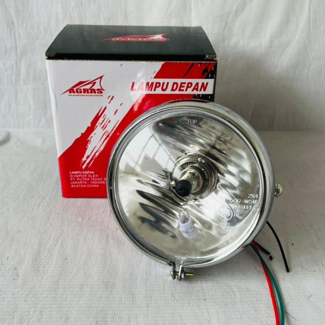 AGRAS LAMPU DEPAN CB125 REFLEKTOR JUTE H4 HEAD LAMP KACA PUTIH 5,75 INCH CROM