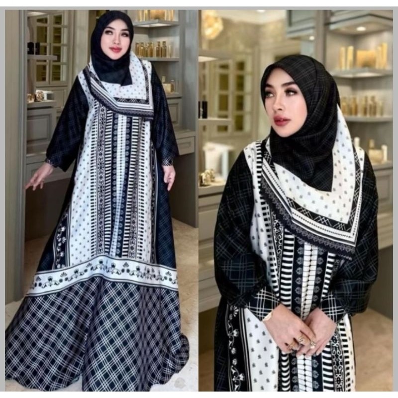 Shellasaukia Gamis Terbaru Monogram Hitam Putih Bisa COD