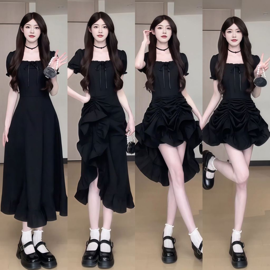 [COD]Gaun desain penuh gaya dengan tali pinggang, garis leher persegi, dan siluet garis A yang indah