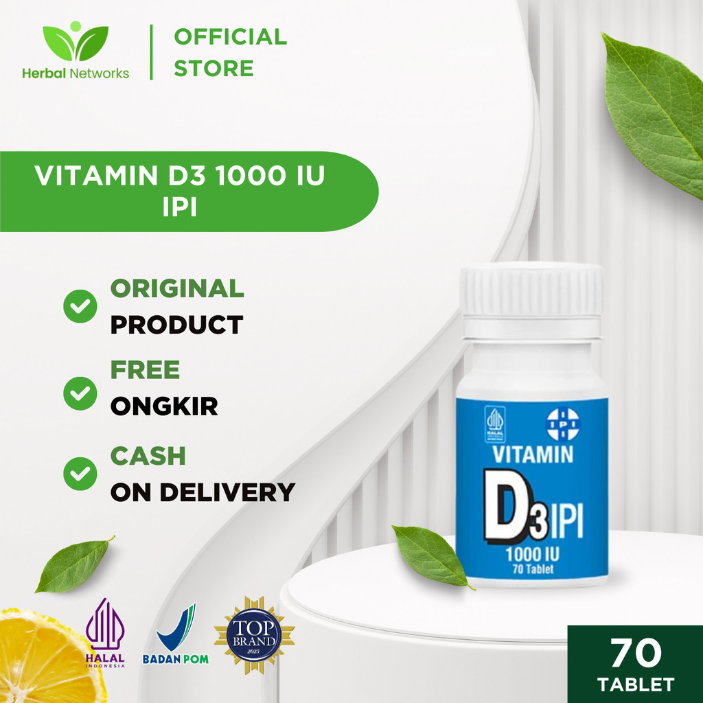 Vitamin D3 1000 IU IPI (70 Tablet) - menjaga Kesehatan Tulang Gigi Syaraf Otak dan Imunitas