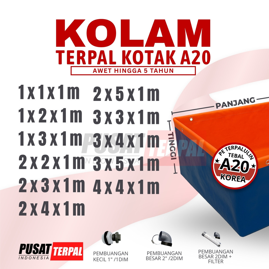 Kolam Terpal Ikan Kotak Tinggi 1 m Ukuran Lengkap Terpal A20 korea  untuk Ternak Ikan