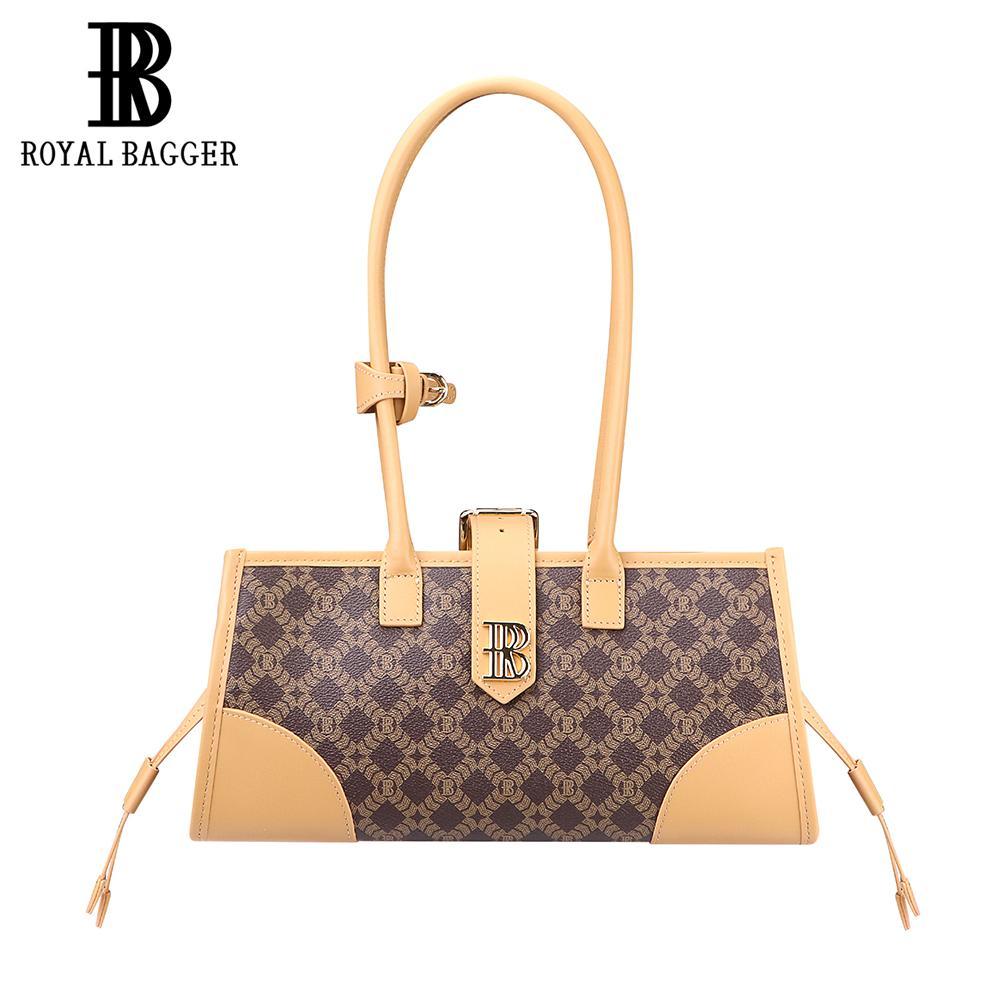 Royal Bagger Tas Bahu Wanita, dari Kanvas Lapis & Kulit Sapi Samak Nabati, Tote Retro Berkapasitas B