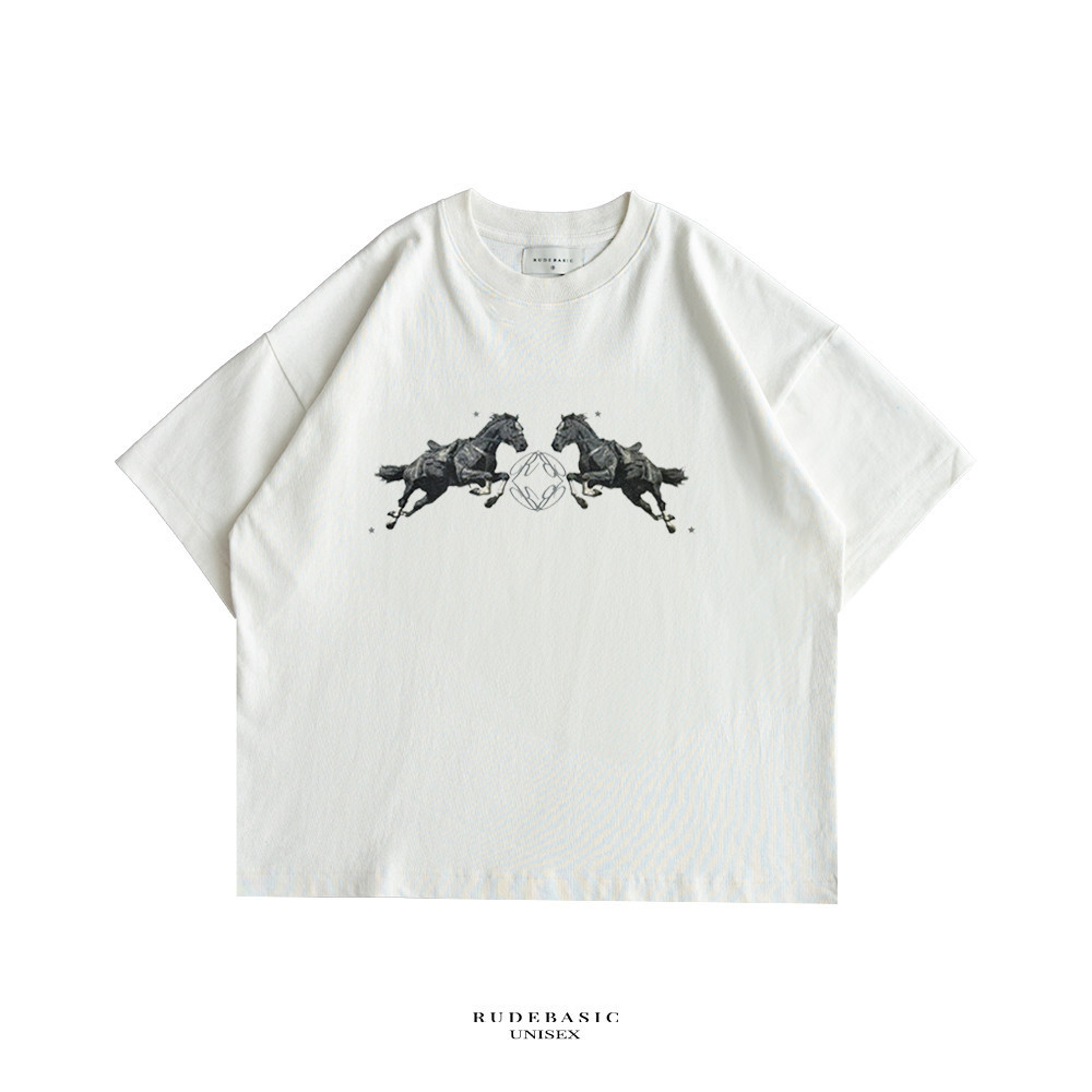 RUDEBASIC - BW Horse Monogram Tiny Tee - Heavy Weight Cotton| Kaos Boxy | Kaos Putih Pria