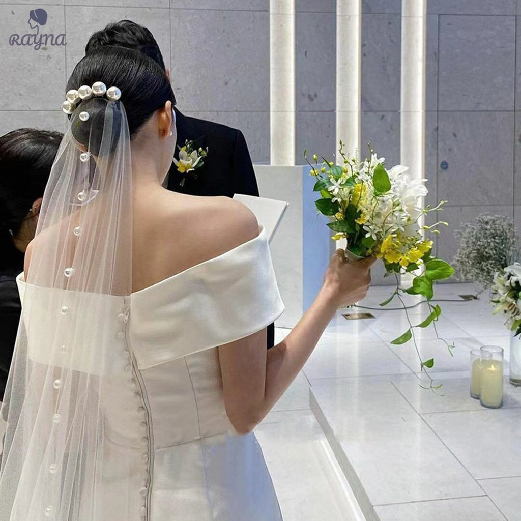 RAYNA  Kerudung Pengantin Mutiara Besar Gaya Prancis - Tulle Polos Satu Lapis Panjang - Hiasan Kepal