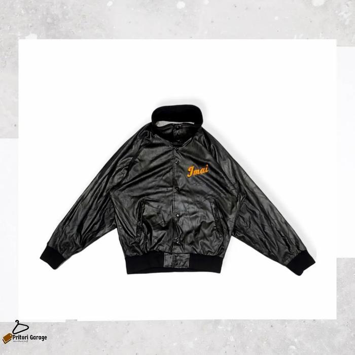 Bomber Varsity Baseball Leather Jacket Mizuno Black Color "Vintage"