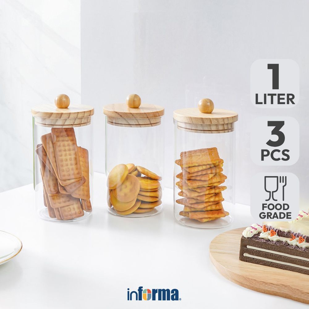 Informa 1 ltr Set 3 pcs Talicia Stoples Kaca Jar Tempat Simpan Snack Dan Permen Setoples Toples Serb