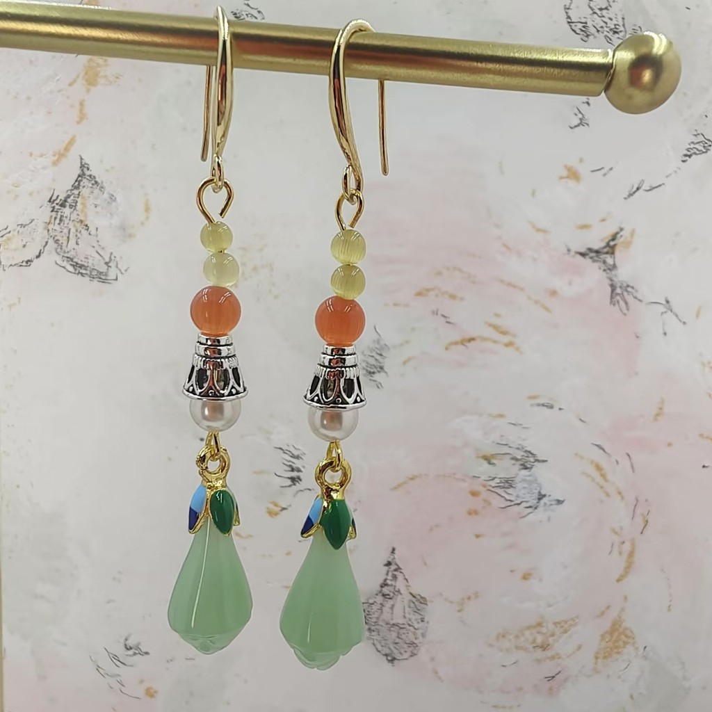 Anting-anting Rumbai Vintage Anggrek Rumbai Berhias Manik-manik
