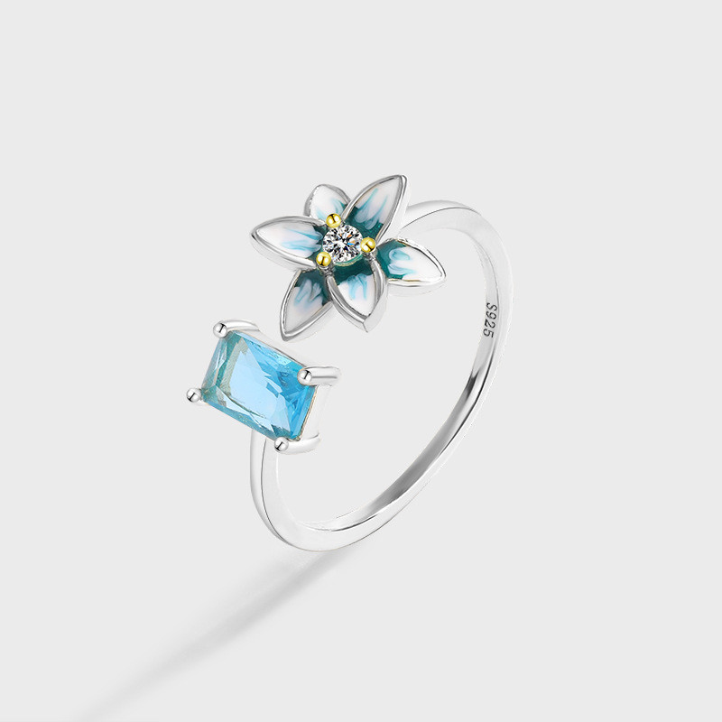 925Silver Simple Blue Flower Ring Adjustable Open Women's Jewelry Inlaid Blue Zircon Enamel Ring