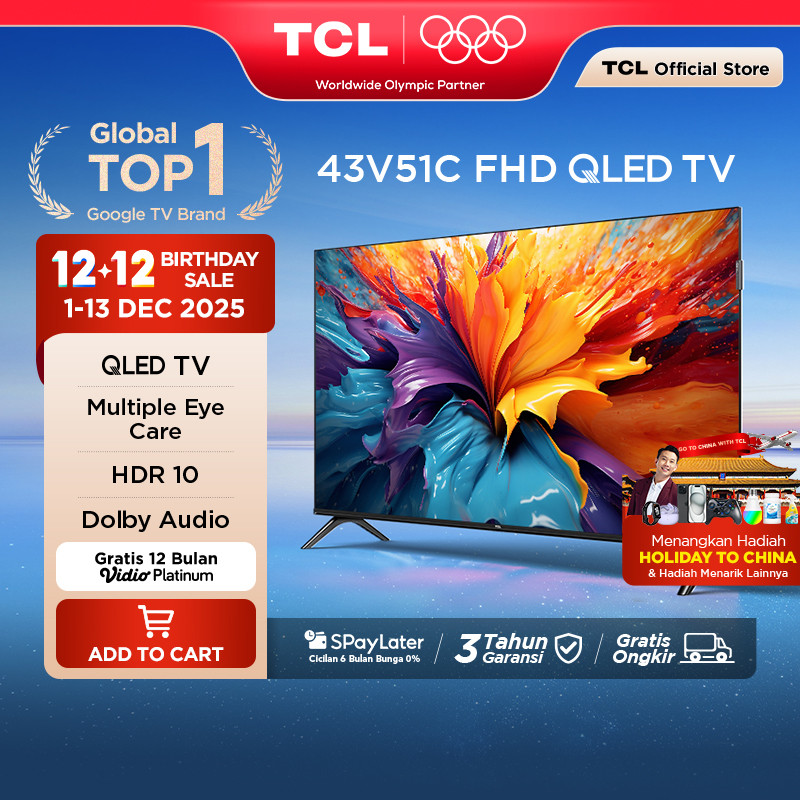 TCL 43 inch V51C - QLED - HDR 10 - Multiple Eye Care - Dolby Audio - Bezel-less (Model: 43V51C)